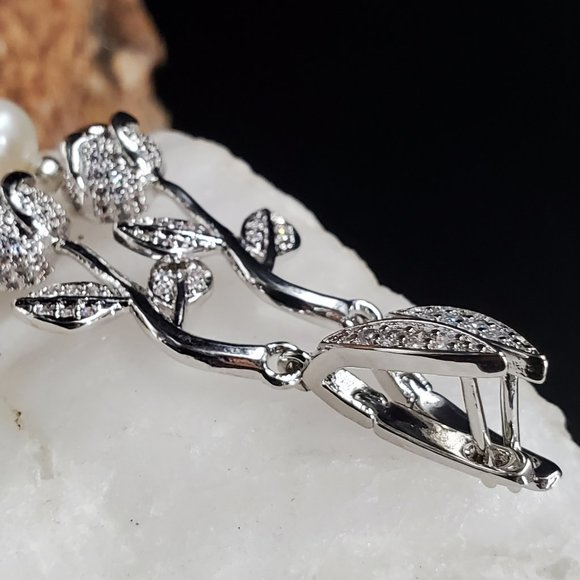 Platinum-plated Earrings White Topaz Natiral Pearl Floral Vintage Rose - Picture 5 of 7